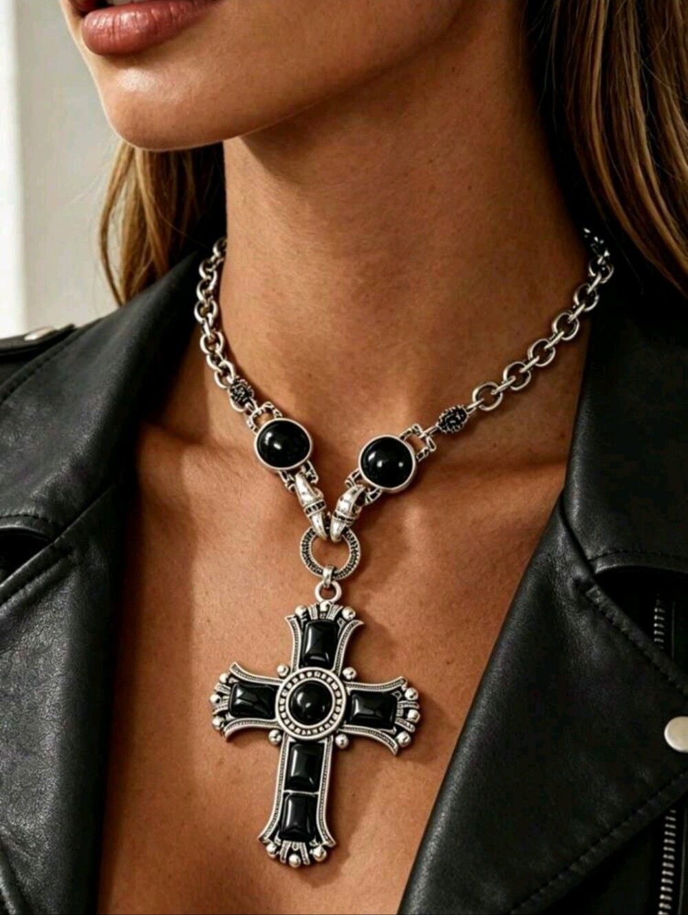 BRAND NEW ** Silver-Tone Black Cross Pendant Necklace - Women